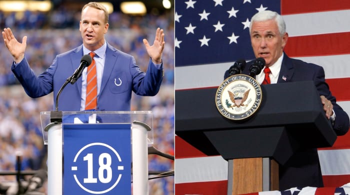 Vice President Mike Pence walked out of the 49ers-Colts game Sunday in Indianapolis, where Peyton Manning was being inducted into the team’s ring of honor.